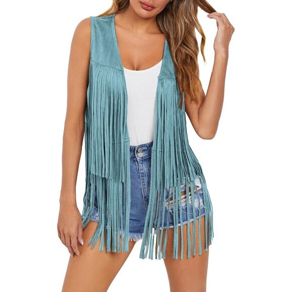Women Fringe Vest 70s Western Cowgirl Tassel Faux Suede Small Boho